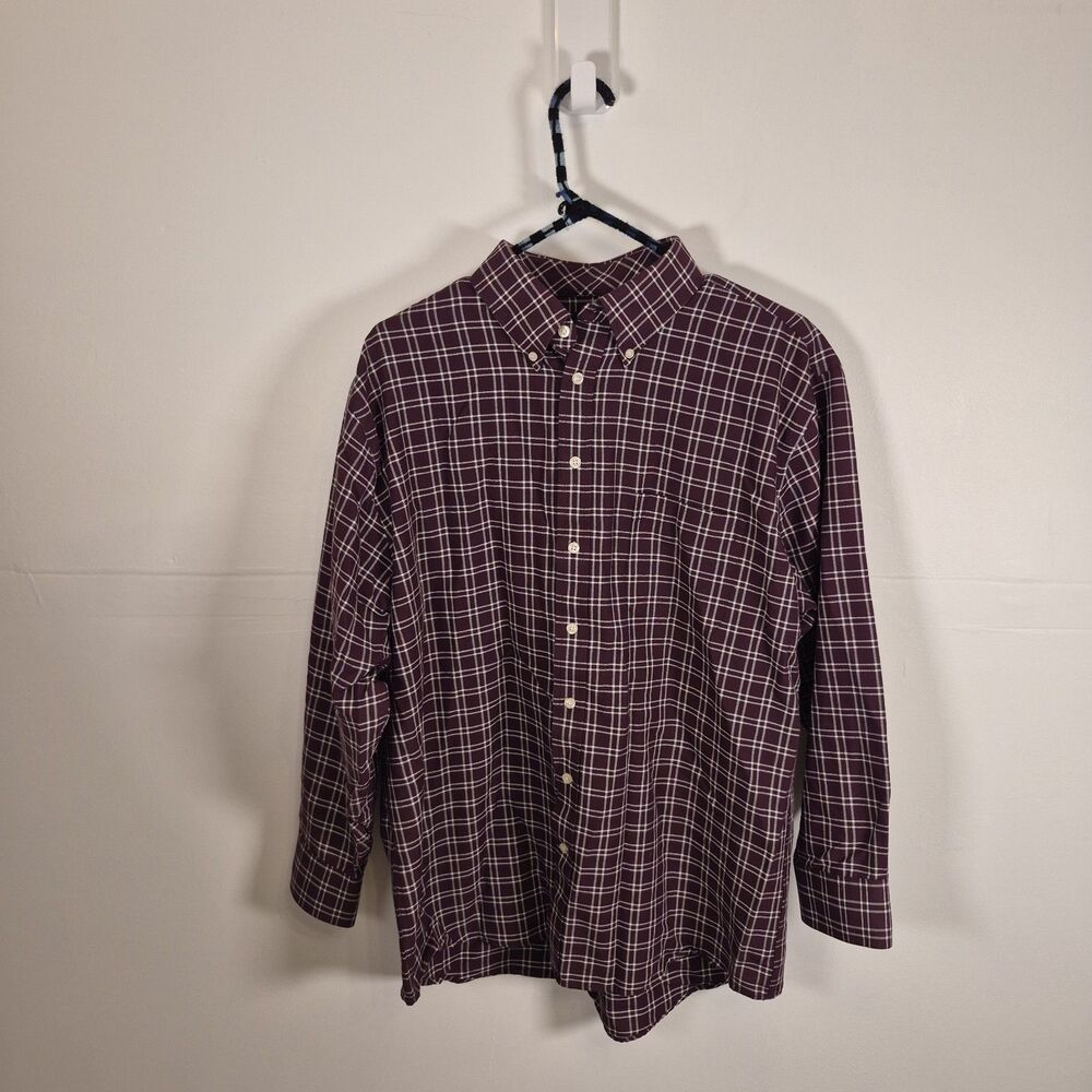 Stafford Travel Men's Wrinkle-Free Oxford Shirt Sz 16.5 32-33 Burgundy Plaid